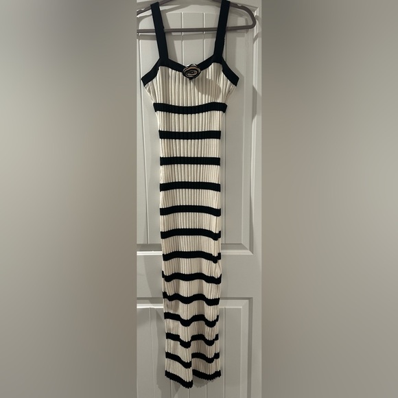 Black Striped Ribbed Knit Rosette Midi Dress - Picture 3 of 5